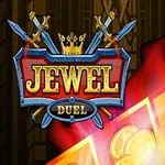 En sköld med två korsade svärd, en krona, och texten Jewel Duel över en bakgrund med guldmynt