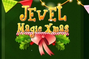 Julfärgad text Jewel Magic Xmas med gröna blad och röd rosett mot mörk bakgrund