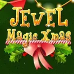 Julfärgad text Jewel Magic Xmas med gröna blad och röd rosett mot mörk bakgrund