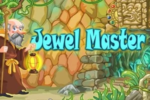 En tecknad äldre man med skägg håller en lykta framför en stenmur och gröna växter med texten Jewel Master i blå bokstäver