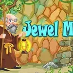 En tecknad äldre man med skägg håller en lykta framför en stenmur och gröna växter med texten Jewel Master i blå bokstäver