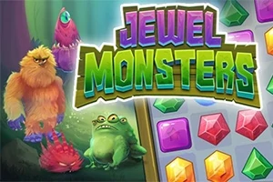 Färgglada monster står bredvid en spelplan med juvelformade symboler och texten Jewel Monsters