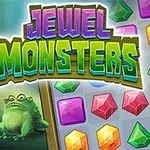 Färgglada monster står bredvid en spelplan med juvelformade symboler och texten Jewel Monsters