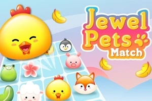 Tecknade djuransikten på ett rutnät med texten Jewel Pets Match bredvid