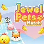 Tecknade djuransikten på ett rutnät med texten Jewel Pets Match bredvid