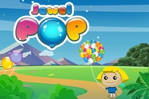 Tecknad figur med gult hår håller en bukett färgglada ballonger vid en stig med blå himmel och berg i bakgrunden; texten Jewel Pop syns högst upp
