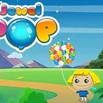 Tecknad figur med gult hår håller en bukett färgglada ballonger vid en stig med blå himmel och berg i bakgrunden; texten Jewel Pop syns högst upp