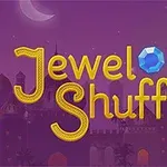 Texten Jewel Shuffle i gult med färgglada juveler och en siluett av ett palats mot en lila natthimmel