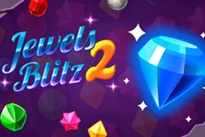 Blå diamant med texten Jewels Blitz 2 och flerfärgade juveler på en mörk bakgrund