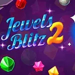 Blå diamant med texten Jewels Blitz 2 och flerfärgade juveler på en mörk bakgrund