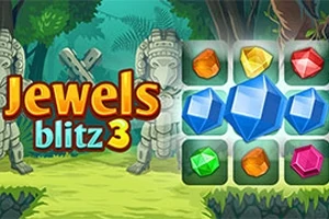 Titeltexten Jewels Blitz 3 i fett stil ovanpå en bakgrund av en djungel med stenstatyer och färgglada juveler