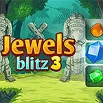 Titeltexten Jewels Blitz 3 i fett stil ovanpå en bakgrund av en djungel med stenstatyer och färgglada juveler