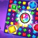 Färgglada ädelstenar i olika former och storlekar på en spelbräda med en lysande centralt placerad juvel