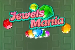 Färgglada ädelstenar och texten Jewels Mania på grön bakgrund