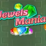 Färgglada ädelstenar och texten Jewels Mania på grön bakgrund