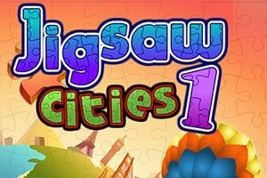 Texten Jigsaw Cities 1 i färgglada bokstäver mot en bakgrund med pusselbitar och silhuetter av kända byggnader
