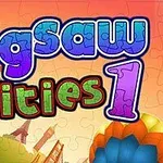 Texten Jigsaw Cities 1 i färgglada bokstäver mot en bakgrund med pusselbitar och silhuetter av kända byggnader