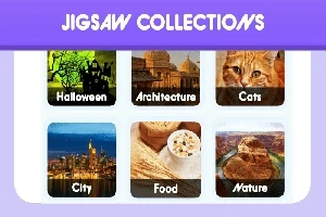 Sex kategoribilder under rubriken Jigsaw Collections, inklusive Halloween, arkitektur, katter, stad, mat och natur