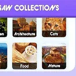 Sex kategoribilder under rubriken Jigsaw Collections, inklusive Halloween, arkitektur, katter, stad, mat och natur