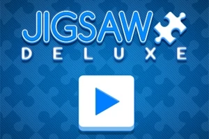 Texten Jigsaw Deluxe i blått med en pusselbitsikon och en play-knapp på blå bakgrund