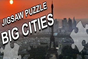 Solnedgång över Paris med Eiffeltornet i förgrunden och texten Jigsaw Puzzle Big Cities