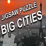 Solnedgång över Paris med Eiffeltornet i förgrunden och texten Jigsaw Puzzle Big Cities