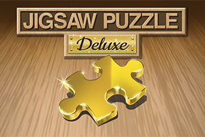 Guldglänsande pusselbit under texten Jigsaw Puzzle Deluxe på en träbakgrund