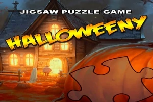 Ett halloween-tema med ett förtrollat hus i bakgrunden och en pusselbit formad som en pumpa i förgrunden