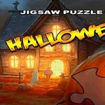 Ett halloween-tema med ett förtrollat hus i bakgrunden och en pusselbit formad som en pumpa i förgrunden