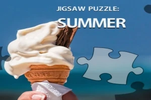 En glassstrut med vaniljglass och chokladsticka hålls upp mot en blå himmel med texten Jigsaw Puzzle: Summer och en pusselbit synlig