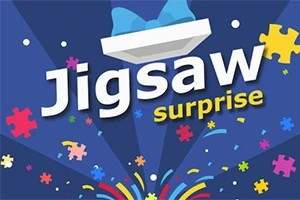 Texten Jigsaw surprise med färgglada pusselbitar och konfetti mot en blå bakgrund