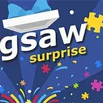 Texten Jigsaw surprise med färgglada pusselbitar och konfetti mot en blå bakgrund