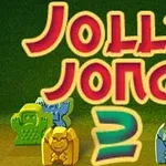 Färgglada stenfigurer arrangerade i en cirkel under texten Jolly Jong 2 mot en grön bakgrund
