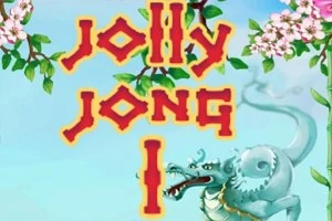 Texten Jolly Jong 1 i röd och gul stil med en blå drake och blommande trädgrenar i bakgrunden