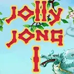 Texten Jolly Jong 1 i röd och gul stil med en blå drake och blommande trädgrenar i bakgrunden