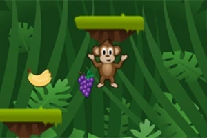 Jolly Jumper En tecknad apa svÀvar mellan tvÄ plattformar i en djungel med en banan och en klase vindruvor i nÀrheten