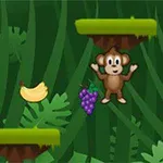 Jolly Jumper En tecknad apa svÀvar mellan tvÄ plattformar i en djungel med en banan och en klase vindruvor i nÀrheten
