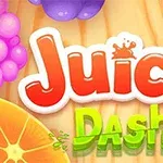 Färgglad text Juicy Dash på en träbakgrund omgiven av frukter