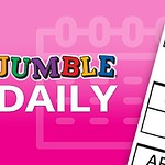 Färgglad text Jumble Daily på en rosa bakgrund med delar av ett korsord synligt till höger