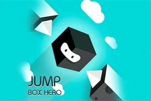 Svart kub med ett ansikte svävar mot blå bakgrund med vita moln och texten Jump Box Hero i nedre vänstra hörnet