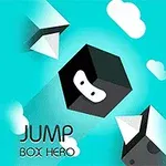 Svart kub med ett ansikte svävar mot blå bakgrund med vita moln och texten Jump Box Hero i nedre vänstra hörnet