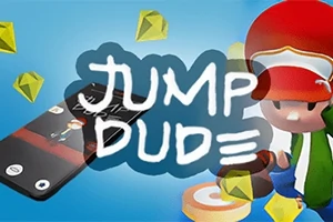 Tecknad figur med röd hatt bredvid en mobiltelefon och gula diamanter mot en blå bakgrund med texten JUMP DUDE