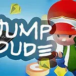 Tecknad figur med röd hatt bredvid en mobiltelefon och gula diamanter mot en blå bakgrund med texten JUMP DUDE