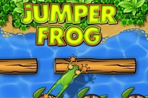 En tecknad groda hoppar över en flod med stockar och sköldpaddor, med texten Jumper Frog ovanför