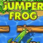 En tecknad groda hoppar över en flod med stockar och sköldpaddor, med texten Jumper Frog ovanför