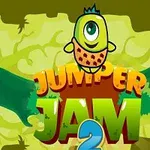 En tecknad, enögd figur med grön kropp och orange prickigt klädsel står ovanför texten Jumper Jam 2 mot en grön och gul bakgrund