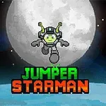 Tecknad figur med antenner i rymddräkt framför en måne, med texten Jumper Starman i pixlad stil
