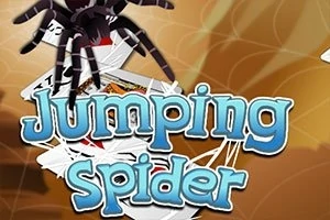 Texten Jumping Spider i blått med en svart spindel ovanpå spelkort mot en brun bakgrund