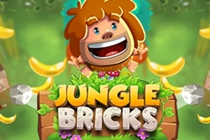 En tecknad figur med brunt hår och ett glatt uttryck omgiven av bananer och texten Jungle Bricks i färgglada bokstäver