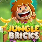 En tecknad figur med brunt hår och ett glatt uttryck omgiven av bananer och texten Jungle Bricks i färgglada bokstäver